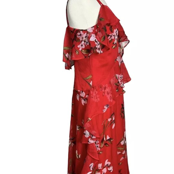 Taylor Ruffle Chiffon Dress 8 Red Floral Waterfall Sleeveless Lined V-Neck Frill - Picture 4 of 8